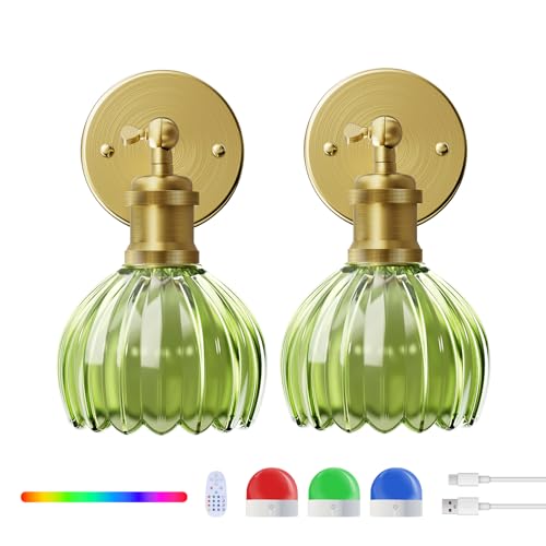 Image of Vintage Green Tulip Glass Wall Sconce - 5000mAh Rechargeable Battery Operated, Wireless w /Remote | No Wiring Needed for Bedroom, Hallway, Entryway (Set of 2)