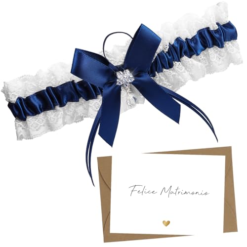 BETESSIN Giarrettiera Sposa Blu Giarrettiera di Pizzo Blu Sposa Regalo di Giarrettiera da Sposa Nuziale con Biglietto Auguri Scritta Felice Matrimonio