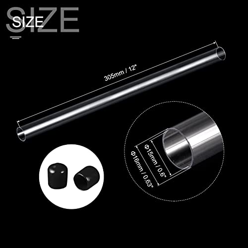 Image of PATIKIL Clear Rigid Tube Round Plastic Tubing with Black Rubber Caps Polycarbonate Water Pipe, 305mm / 12 Inch Length, 15mmx16mm /0.6 inchx0.63 inch, 1 Set