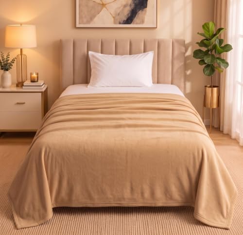 Image of HOMEKART 300 TC All Season Solid /Plain Lightweight Polar Fleece Single Bed Blanket (152 x 230 cm), Beige