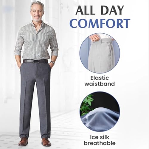 Truecups Mens Pants OldenEase Men’s Pleated Ice Silk High-Waist Comfort Pants for Seniors Lightweight & Breathable2