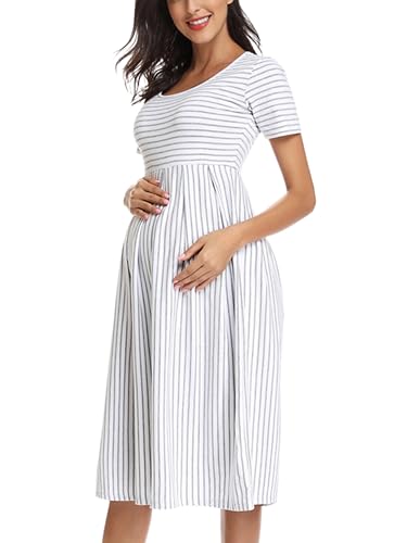 BBHoping Women's Summer Short Sleeve Maternity Dress Casual Knee-Length Striped Pregnancy Dress with Pockets for Baby Shower