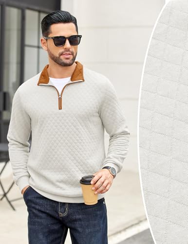 COOFANDY Mens Quarter Zip Pullover Mock Neck Quilted Sweatshirt Casual Long Sleeve Polo Sweater3