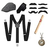 DUTIFUL 20er Jahre Herren Accessoires 1920s Gatsby Mafia Gangster Kostüm Zubehör Set mit Panama Hut Vintage Taschenuhr Y-Rücken Hosenträger für Karneval Maskerade Event Party