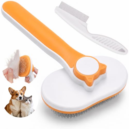 Orange Self-Cleaning Pet Grooming Brush