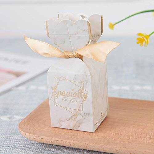 BAUMA AUTO 50Pcs Wedding Party Favor Boxes ï¼Candy Boxes Paper DIY with Gold Ribbons for Wedding Bridal Shower Baby Shower Birthday Party(2.28X3.46X5.71inch, Pink) (White with Gold Ribbon)