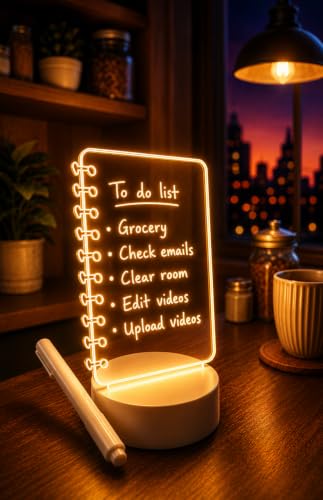 Image of Light-Up Acrylic LED Writing Message Board | Rewritable Spiral Notebook Design, Memo Pad Lamp, Desk Light, For Notes, Reminders, Quotes & Home Decor