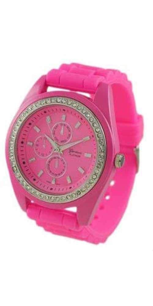 Geneva Platinum Neon Faux Chronograph CZ Encircled Watch-Hot Pink