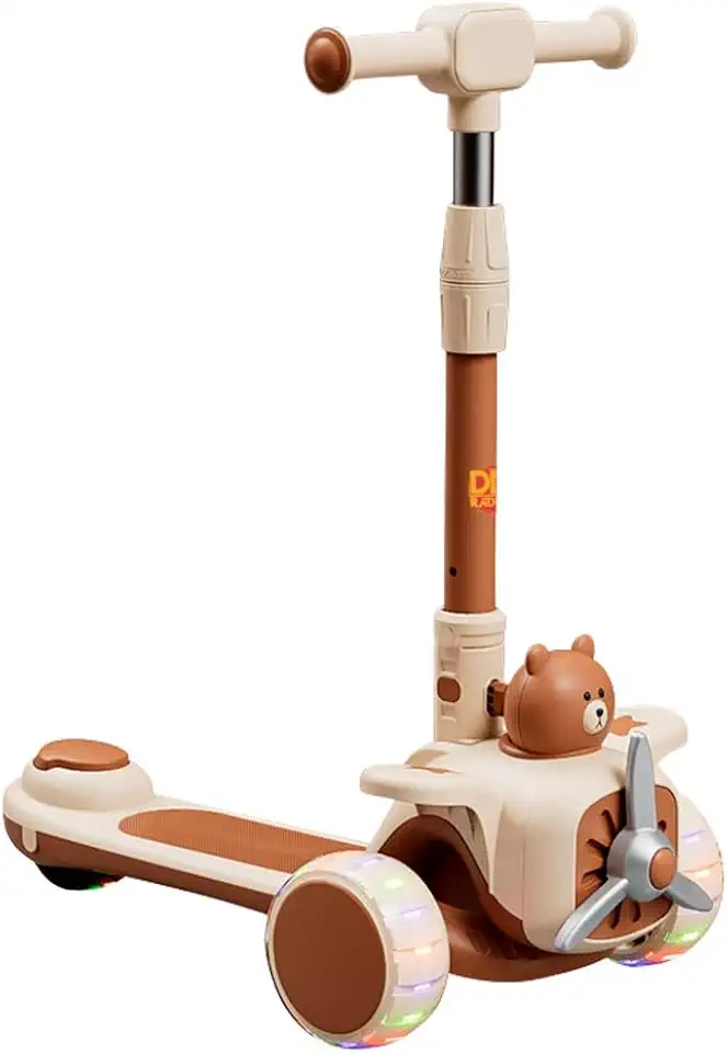 DM Toys Patinete Aviaozinho Feliz Ajustavel Lean-to-Steer 3 Rodas com Led e Som até 60kg Bege