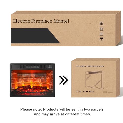 44" LED Lights Electric Fireplace with Mantel, Freestanding Entertainment Center Tv Stand with Red Brick Fire Place Insert for Living Room, White&Brown