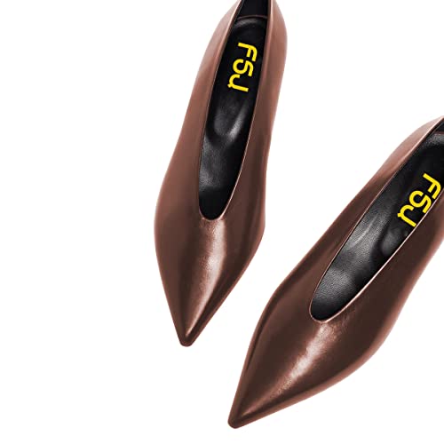 FSJ Women Fashion Pointed Toe V Cut Low Kitten Heel Slip On Pumps Soft Leather Ladies Daily Comfort Basic Dress Shoes Size 4-15 US2