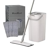 Mop and Bucket, Hands Free Flat Mop with Bucket, Wet and Dry Use, Home Floor Cleaning System for All Floor Types, with 4 Washable Cloth - Color White