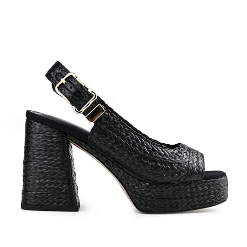 BIUBAKUA Women's Retro Woven Platform Heels Black Chunky Block Heel