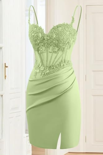 Lace Appliques Satin Homecoming Dresses Tight Beads Spaghetti Straps Bodycon Short Porm Dress3