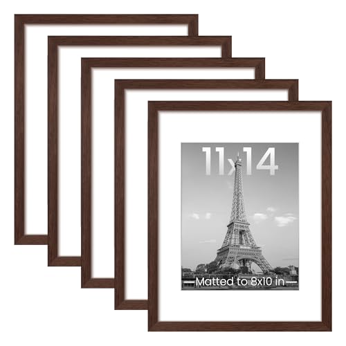 Image of upsimples 11x14 Picture Frame Set of 5, Display Pictures 8x10 with Mat or 11x14 Without Mat, Wall Gallery Photo Frames, Brown
