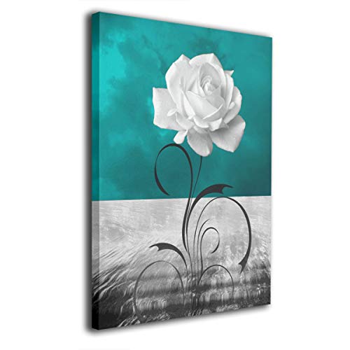 Kingsleyton Black White Teal Rose Flower Modern Prints Canvas Wall Art Paintings Wall Artworks Pictures Stretched and Framed Ready to Hang for Wall Decor Living Room Bathroom 16'' X 20''