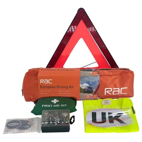 RAC European Driving Kit - Essential Car Travel Kit for Roadside Emergency & Breakdown in Europe - Includes First Aid Kid, Hi-Vis Vest, Spare Bulb Kit, UK Car Sign & Warning Triangle Cover