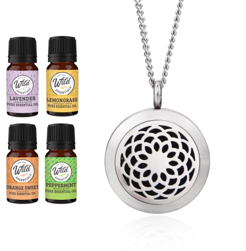 Wild Essentials Sunflower Necklace Essential Oil Diffuser Kit with Lavender, Lemongrass, Peppermint, Orange Oils, 12 Refill Pads, Calming Aromatherapy Gift Set, Customizable Color Changing, Perfume