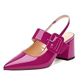 RLYGHWAO Women's Pointed Toe Pumps - 2.55' Chunky Mid Heel Slingback with Adjustable Buckle, Solid Color Dress Shoes for Work, Dates & Balls Magenta Patent Size 10.5