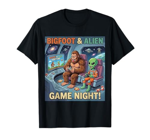 Drôle Bigfoot Alien Jeu Vidéo Nuit Sasquatch UFO Retro T-Shirt
