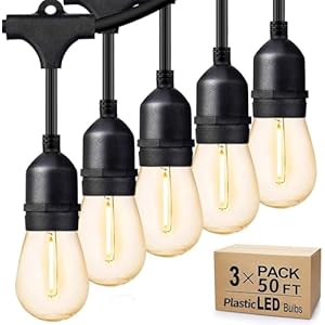 Svater Outdoor String Lights 150FT, E26 Socket, 48pcs S14 Shatterpoof Bulbs, 1 Watt Dimmable 2700K Warm White, IP65 Waterproof Commercial Grade Patio Lights（3 Pack X 50FT）