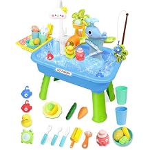 4-in-1 Electric Water Table for Toddlers 1-5, Kids Play Sink with Running Water & Cloud Faucet, Sensory Toddler Water Activity Table with Fishing Game, Outdoor/Indoor Toy Gift for Boys & Girls