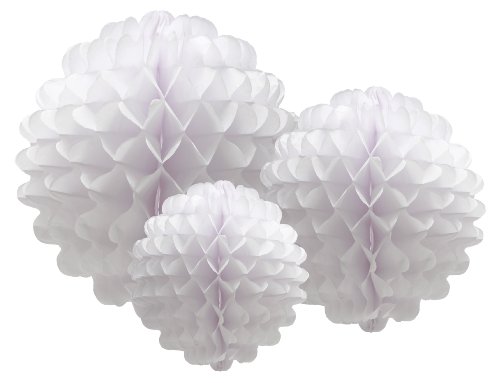 Party Partners Design Hanging Honeycomb Tissue White Pom-Pom Decoration Balls, Set of 3