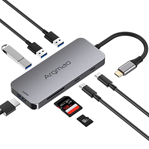 Argmao USB C Hub, 8-in-1 Dongle, USB C to USB C Data Transfer, USB-C PD3.0, 4K@30Hz HDMI, 3 USB 3.0, SD TF Card Reader Adapter, Compatible with MacBook Air Pro, Chromebook and Other Type C Laptops