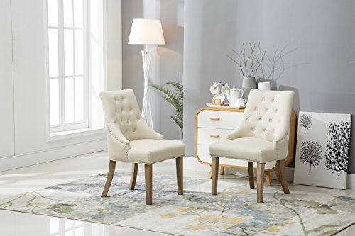 Roundhill Furniture Button Tufted Solid Wood Wingback Hostess Chairs with Nail Heads, Set of 2, Tan, White, 