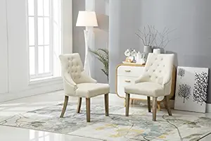 Roundhill Furniture Button Tufted Solid Wood Wingback Hostess Chairs with Nail Heads, Set of 2, Tan, White, 