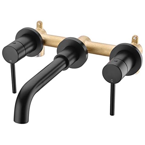 BESTILL Brass Double Handle Wall Mount Bathroom Sink Faucet with Rough-in Valve, Matte Black Cover