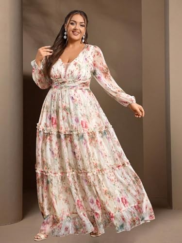 Image of Spring Summer 2024 Plus Size Womens Dresses V Neck Casual Elegant Long Sleeve Floral Print Maxi Dress