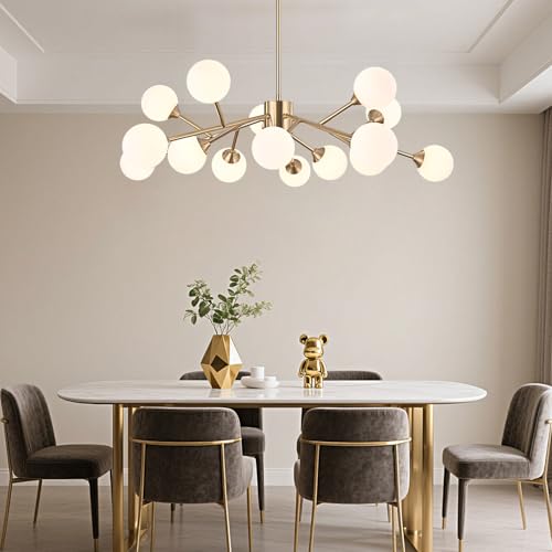 MKONOL 15-Lights Gold Sputnik Chandelier Mid Century Modern Sputnik Light Fixtures Brushed Brass Chandelier Ceiling Light White Glass Ball Sputnik Pendant Lights by MKONOL - Used condition - Image 5