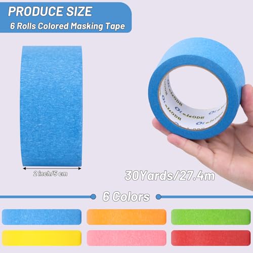 Image of Oleitodh 6 Rolls Colored Masking Tape 2 Inch x 180 Yards Rainbow Craft Tape Bulk (Pack of 2)