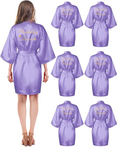 Xuhal Womens Birthday Robe Set 6 Pcs Queen & Squad Spa Bathrobe Kimono Silky Gown (Light Purple)