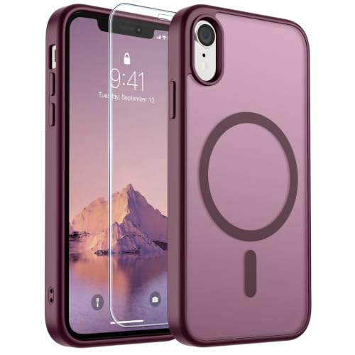 Image of SUPFINE Magnetic for iPhone XR Phone Case Wine Red | With Screen Protector, Translucent Matte, Compatible with MagSafe, Military Grade Drop Proof, Rugged Shockproof Protective