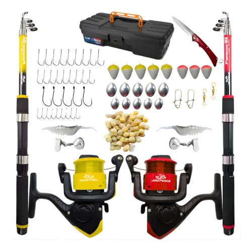 Kit de Pesca Completo com 2 Varas Telescópicas, 2 Molinetes, Anzóis, Boias, Chumbadas e Acessórios