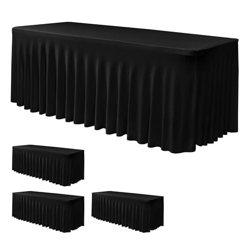 Image of Black Spandex Table Skirt for 6 Foot Rectangle Tables 4 Pack 72x30 In | Stretch Fitted Table Covers, Wrinkle Free Ruffle Design Tablecloths for Wedding Banquets,Party, Banquet, Birthday, Events