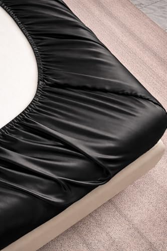DECORUM Satin Fitted Bedsheet King Size 72x78x10 Inches Charcoal Black - Image 3