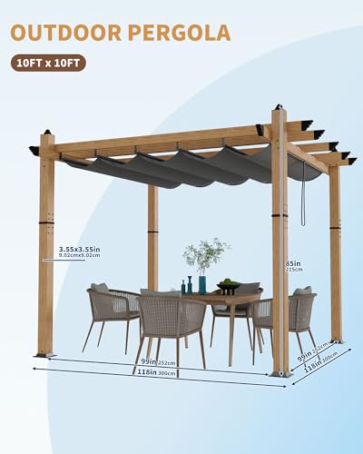 Image of KYBOLT 10x10 Ft Aluminum Pergola Outdoor Pergola with Retractable Canopy Wood-Grain Sun Shade Shelter for Garden Patio Backyar Deck(Gray)