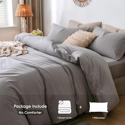 Image of MooMee Bedding Duvet Cover Set 100% Washed Cotton Linen Like Textured Breathable Durable Soft Comfy (Light Grey, Twin)