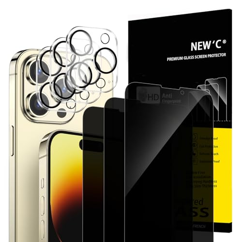 NEWC 3x Privacy for iPhone 14 Pro Max Screen Protector (6.7 inches)+ 3x Camera Lens Protector Sensor Protection Tempered Glass Film + Dust Plug - Enhanced Privacy Angle of 28 Degrees