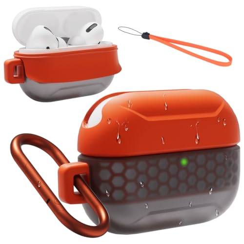 KINOVEX Waterproof Case for AirPods Pro and AirPods Pro 2 Wireless and USB-C Charging Compatible, One Piece Design, High Drop Protection Case with Carabiner (Orange+Grey)