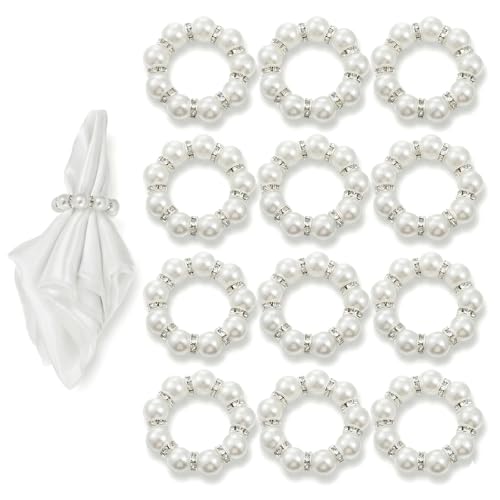 12 PCS Pearl Napkin Rings Beaded Napkin Ring Holders for Table Decor White Pearl Napkins Ring Buckles Set for Wedding Formal Dinner Party White