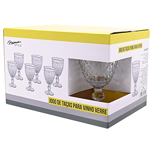 Mimo Style Jogo de 6 Taças de Vidro Transparente com Capacidade de 240ml com Alto Relevo e Aparencia