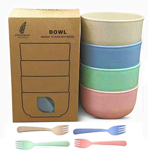 Bowls for Kids, Snacks, Ice cream, fruits, Soups, desserts - Set of 4 with forks - Wheat Straw Eco-friendly Material - BPA FREE, FDA Approved - Assorted Colors - Capacity: 14 oz