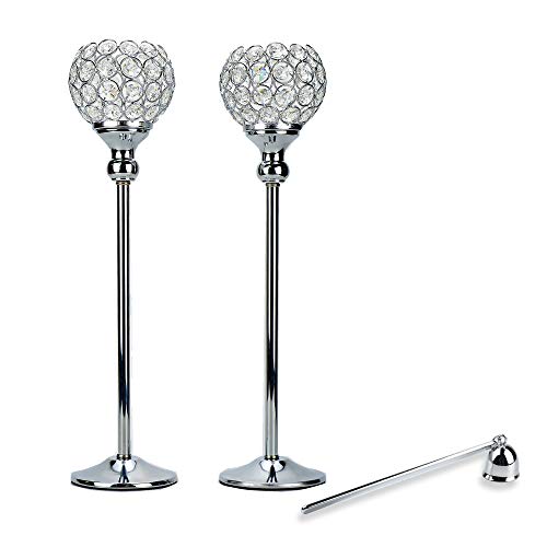 LINDLEMANN 2PCS Crystal Candle Holders Tea Light Holder Set with Snuffer Bling Dining Table Centrepiece for Wedding Anniversary Birthday & Party Decoration (Silver, 17