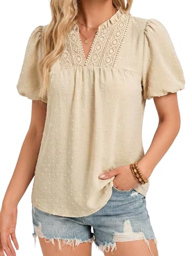 Funlingo Womens Tops Puff Sleeve V Neck Dressy Casual Blouses Summer Flowy Swiss Dot Boho Babydoll Short Sleeve Shirts Trendy Clothes 2026 Beige L
