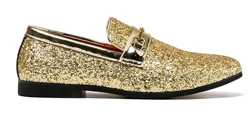 Image of Men Loafer Metallic Textured Slip-on Glitter Sequins Fashion Wedding Dress Shoes Golden