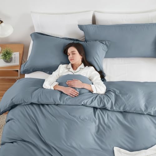 Image of Hearth & Harbor Stone Blue Duvet Cover Queen Size, 3 Piece Bedding Set | Soft Double Brushed Bedding Set, Button Closure, 1 Duvet Cover 90x90 Inches, 2 Pillow Shams